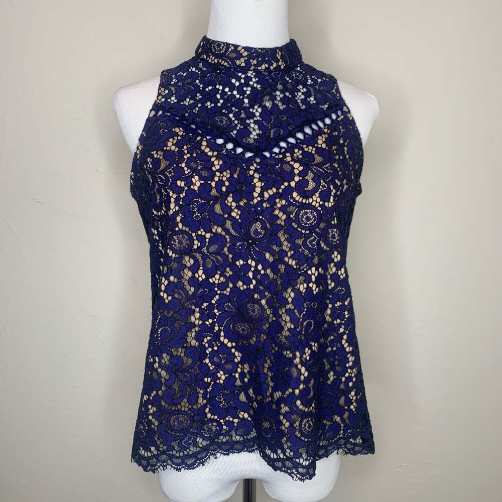 Aqua Navy Blue Lace Sleeveless Blouse Sz Medium